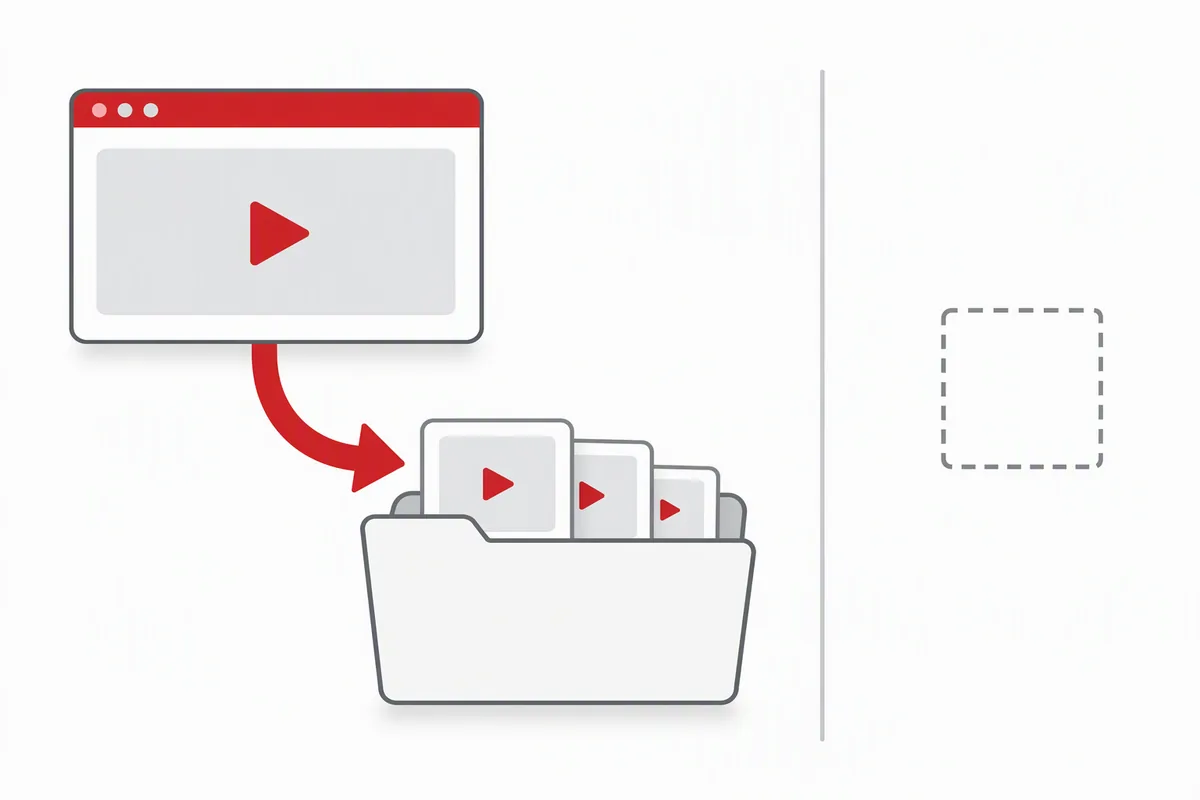 Flat vector diagram: a browser card holding a large 16:9 picture frame, a red arrow curving from it down into an open folder that holds a stack of progressively smaller picture cards, and beyond a thin divider an empty dashed grey square standing alone