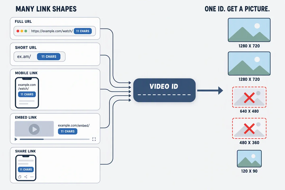 Flat vector diagram: five differently shaped link cards on the left each highlight the same eleven-character tag, thin arrows converge on one rounded video ID chip in the middle, and a single thick arrow points right into a vertical ladder of five shrinking thumbnail frames labelled 1280 x 720, 1280 x 720, 640 x 480, 480 x 360 and 120 x 90, with two of the frames drawn dashed and crossed out in red