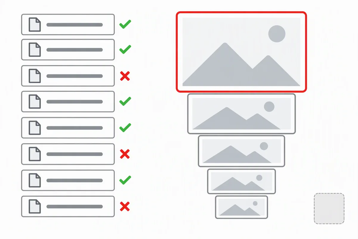Flat vector diagram: a ladder of file names on the left with check marks and crosses, and on the right a stack of picture cards whose top card is marked 1920 x 1080 sitting above a card marked 1280 x 720, with a small grey square drawn apart from the stack and labelled as what a miss looks like