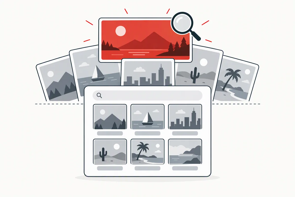 Flat vector diagram: a grabber panel showing a tidy grid of six equal thumbnail cards, and behind a dashed divider a wider fan of extra picture cards rising upward, the topmost one drawn in red and clearly larger than every card on the front panel