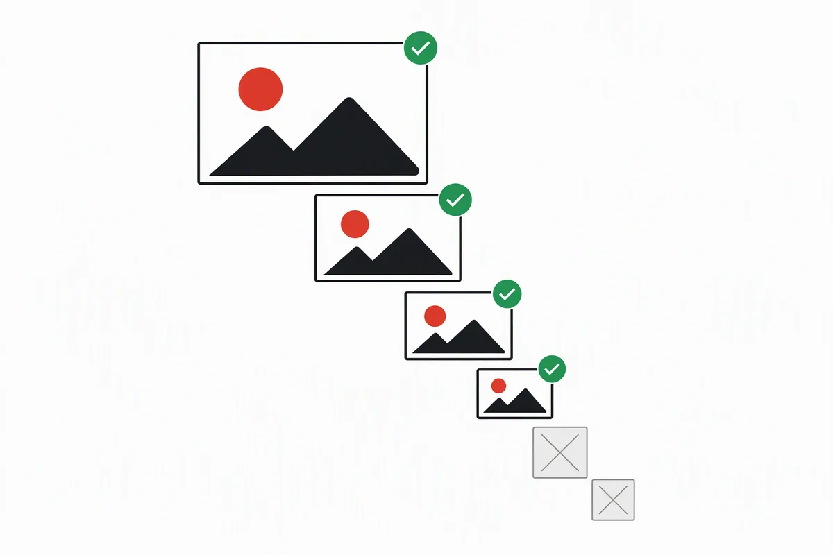 A staircase of six image cards, the larger ones ticked and the smallest ones shown as grey placeholder squares