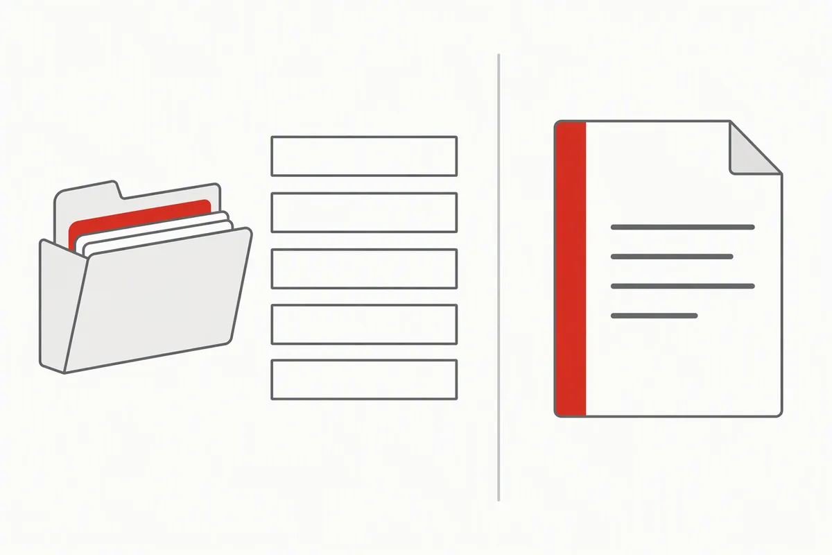Flat vector diagram: an open file card on the left with a short empty list of labelled blank rows beside it, and on the right a separate document icon with a few short horizontal text lines, suggesting that an empty file gives no answers and the rules sit in the document instead