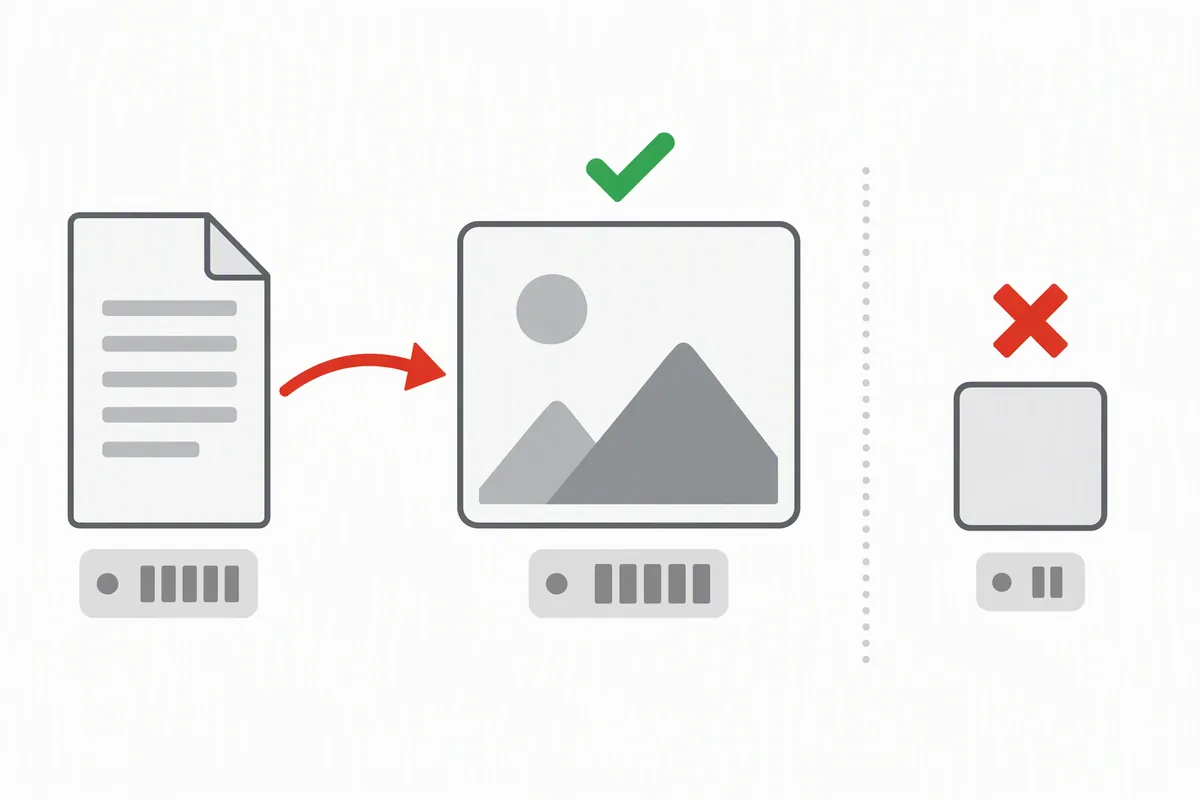 Flat vector diagram: a file card on the left with a byte-count label, an arrow pointing to a green tick beside a large picture card, and a separate smaller grey square card on the right with a red cross and a much smaller byte-count label, showing that the byte count separates the real file from the placeholder
