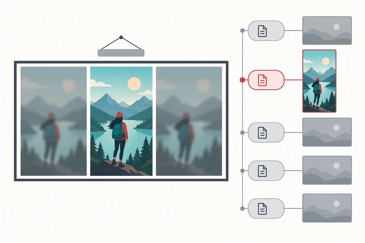 Flat vector illustration: on the left a wide landscape frame whose middle holds one tall upright card while the outer thirds are filled with soft washed-out blurred copies of it; on the right a column of five identical pale file-name tags, four tethered to small grey rectangles and one tethered to a tall colourful upright card and outlined in red