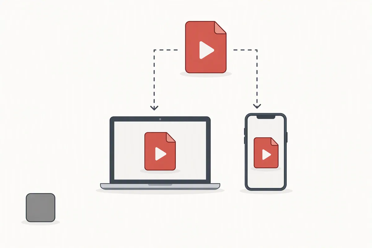 Flat vector illustration: one thumbnail card at the top sends two identical copies down dashed lines, one into a laptop screen and one into a phone standing upright, while a small plain grey square sits alone and separated in the lower left corner