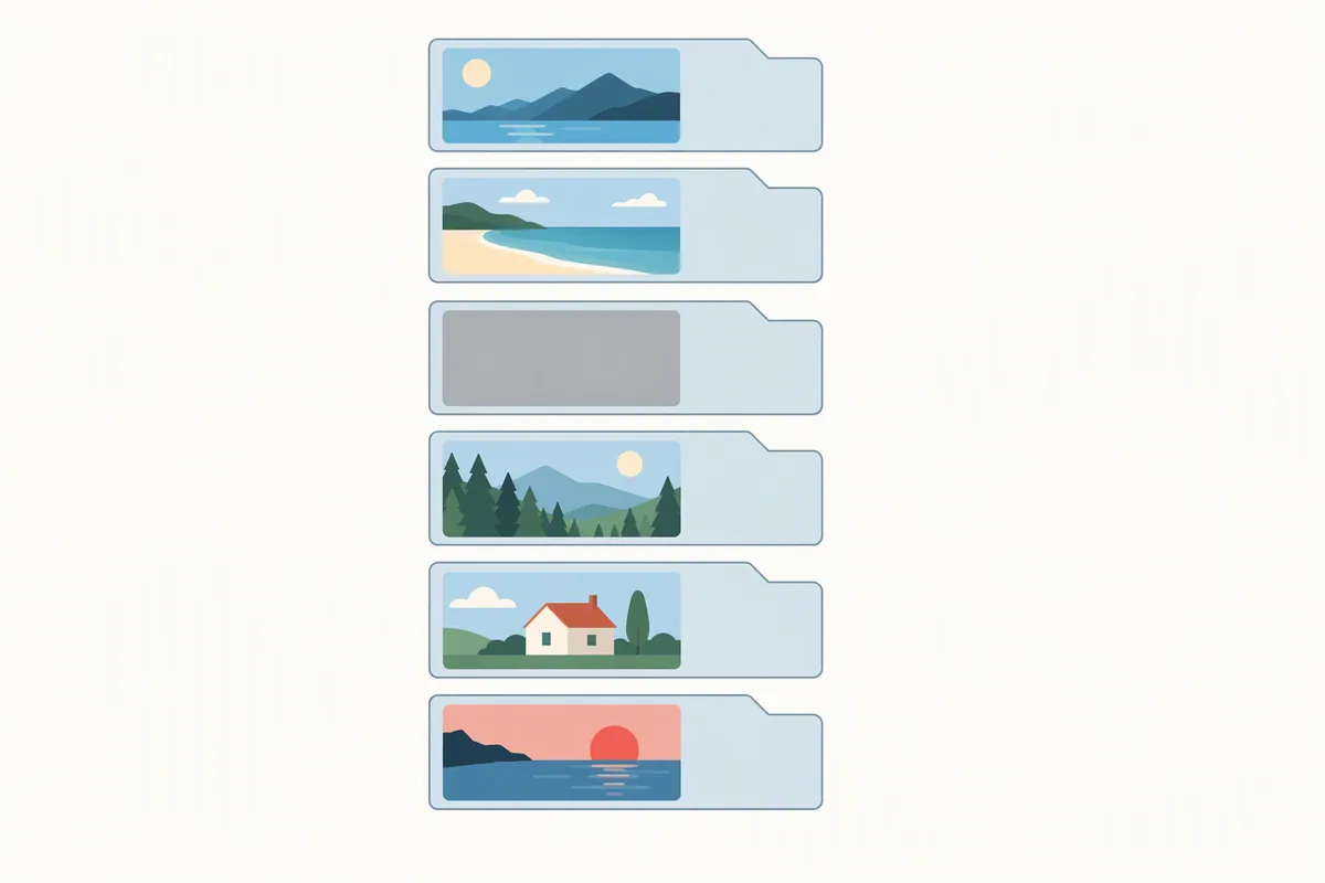 Flat vector illustration: a vertical list of six thumbnail cards, four of them colourful 16:9 image frames sitting inside identical pale duplicate tags, and one card a small plain grey rectangle standing out among the colourful ones
