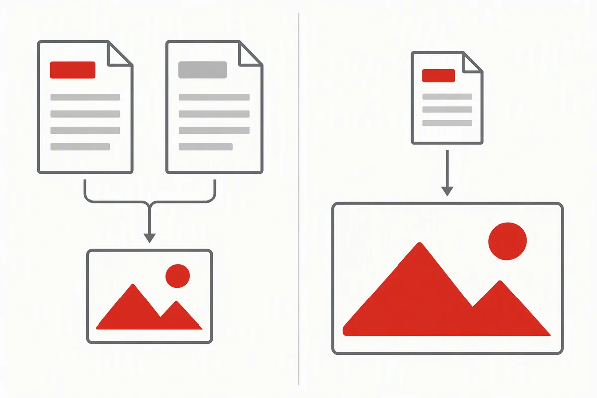 Flat vector diagram: two file cards with different name labels side by side, both joined by a bracket to a single identical picture card, while a third smaller card on the right is linked to a visibly larger picture card, suggesting that different names can hand back the same file and that the larger file is not always the one with the bigger name