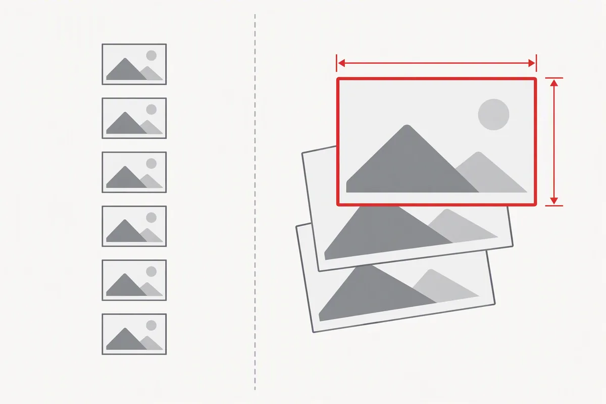 Flat vector diagram: a column of six neat identical thumbnail cards on the left labelled with the usual file names, and on the right two larger cards drawn taller and wider, one of them marked 1920 x 1080 and drawn in red to show it is bigger than the tallest card on the left